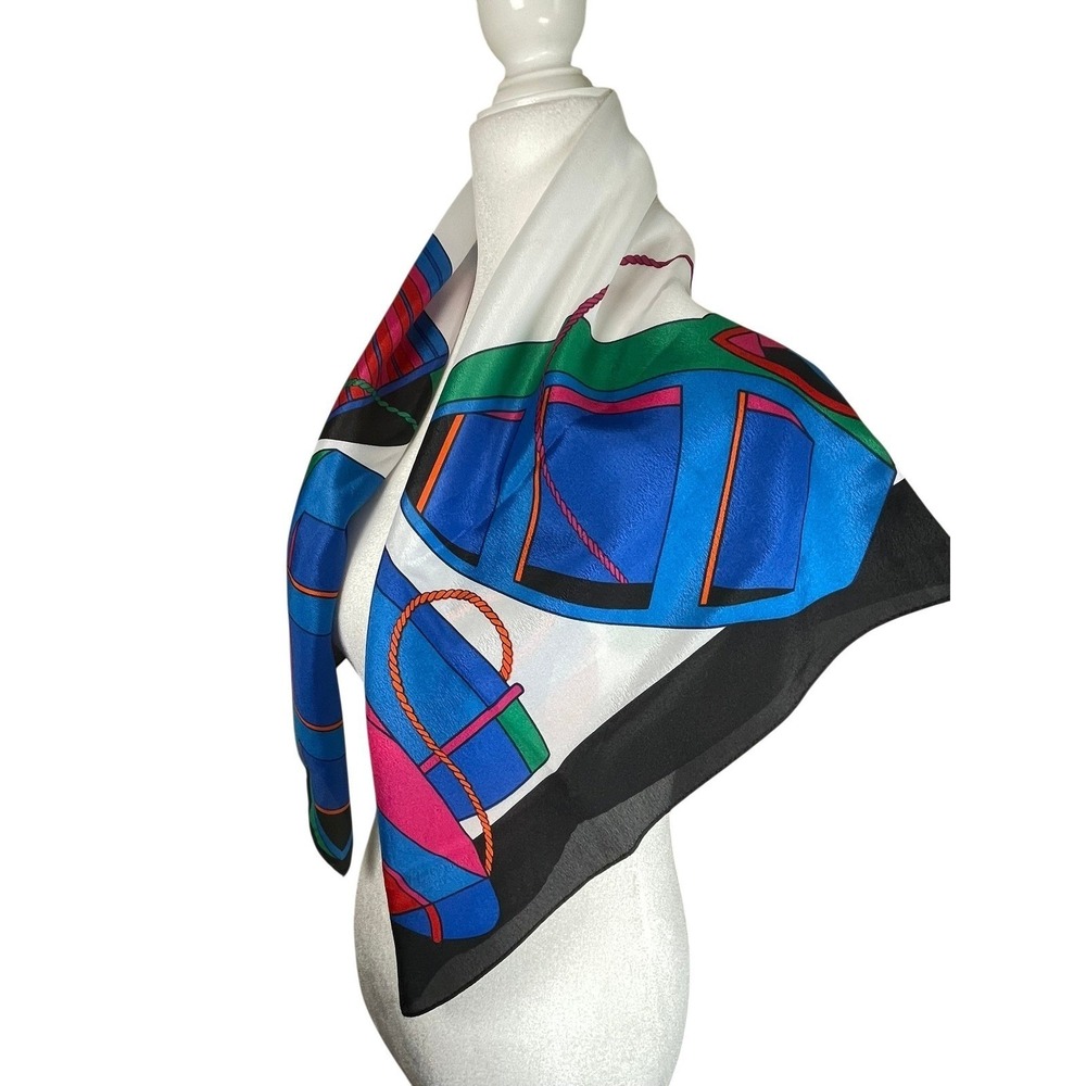 Vintage 1992 Liz Claiborne Nautical Boat Print Square Scarf Blue Green 31x31 - Picture 4 of 13